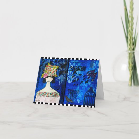 Lady in einem Hut mit Crows Mixed Media Grußkarte Karte (Vorderseite)