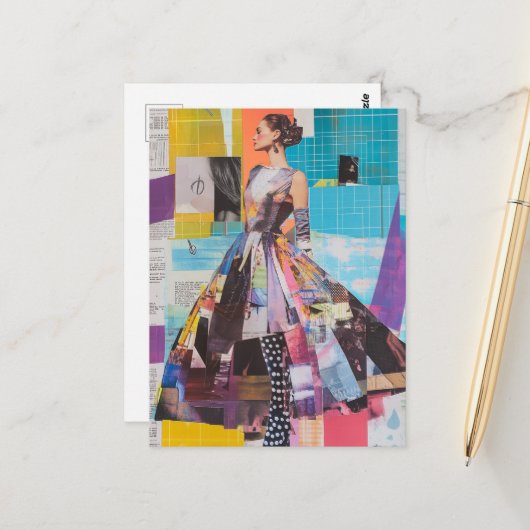 Lady in Fashion Mixed Media Collage Postkarte (Vorderseite/Rückseite Beispiel)