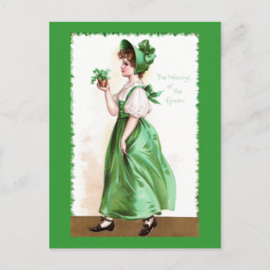 Lady in Green mit Kleeblättern Vintag St Patrick's Postkarte