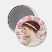 Lady in klassischem Kleid mit rosa Tulpen Magnet (Vorderseite/Rückseite)