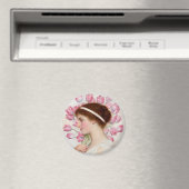 Lady in klassischem Kleid mit rosa Tulpen Magnet (In Situ (Geschirrspüler))