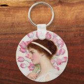 Lady in klassischem Kleid mit rosa Tulpen Schlüsselanhänger (Vorderseite)
