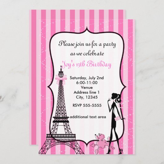 Lady in Paris Eiffelturm Pink Poodle Einladung (Vorne/Hinten)