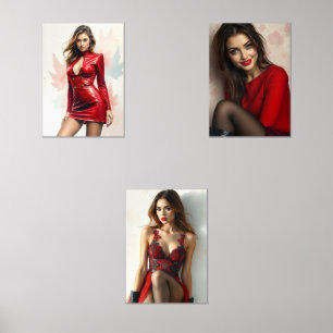 Lady in Red Triptychon Bilderwand Sets