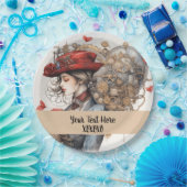 Lady in Red Valentine Kiss steampunk Aquarell Pappteller (Party)