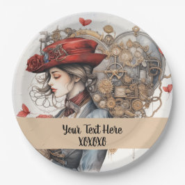 Lady in Red Valentine Kiss steampunk Aquarell Pappteller