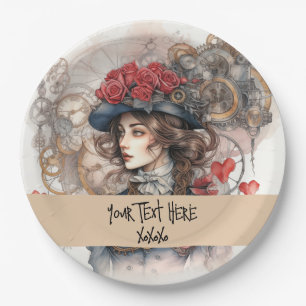 Lady in Red Valentine Kiss steampunk Aquarell Pappteller