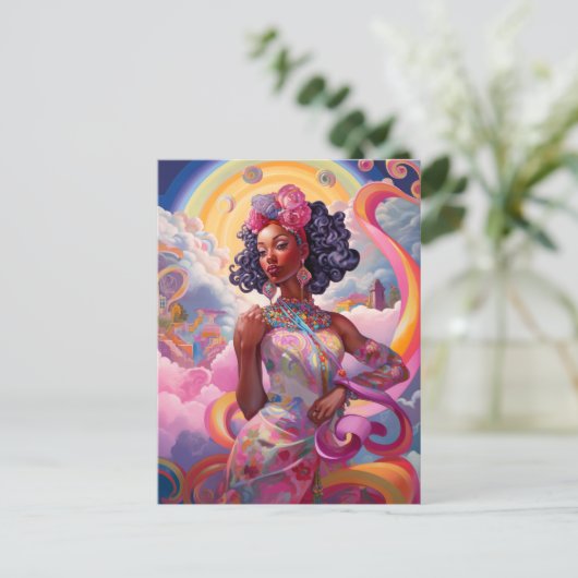 Lady in Surreal World African American Art Pink Postkarte (Stehend Vorderseite)
