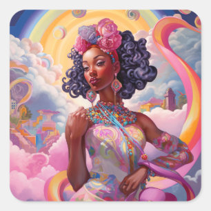 Lady in Surreal World African American Art Pink Quadratischer Aufkleber