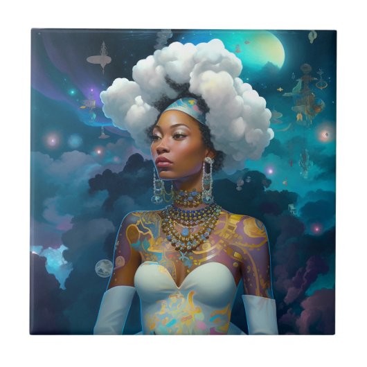 Lady in Surreal World Cosmic American Art Fliese (Vorderseite)