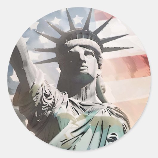 Lady Liberty und die amerikanische Flagge Runder Aufkleber (Vorderseite)