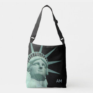 Lady Liberty und Monogramm auf Schwarz Tragetaschen Mit Langen Trägern