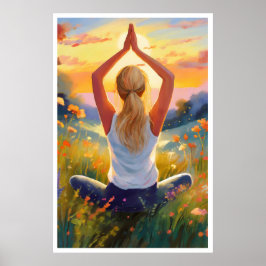 Lady macht Yoga auf einem Feld bei Sonnenuntergang Poster