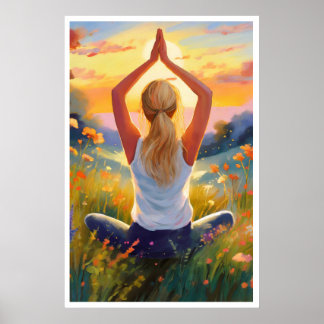 Lady macht Yoga auf einem Feld bei Sonnenuntergang Poster