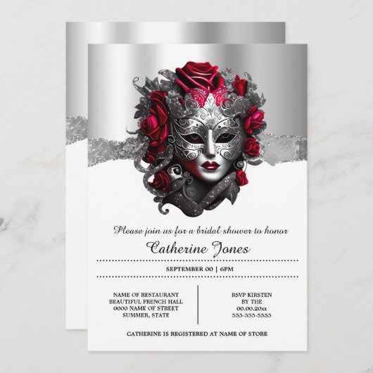 Lady masquerade venezianische Gesichtsmaske silber Einladung (Vorne/Hinten)