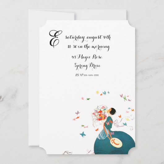 LADY MIT BLUME BOUQUET UND BUTTERFLIS MONOGRAM EINLADUNG (Rückseite)