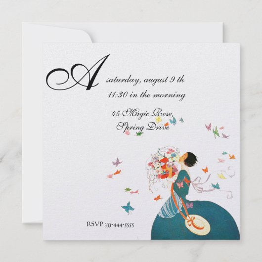 LADY MIT BLUME BOUQUET UND BUTTERFLIS MONOGRAM EINLADUNG (Rückseite)