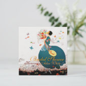 LADY MIT BLUME BOUQUET UND BUTTERFLIS MONOGRAM EINLADUNG (Stehend Vorderseite)