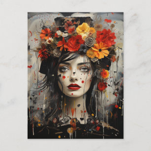 Lady mit Blume in ihrem Haar Grunge Gemälde Postkarte