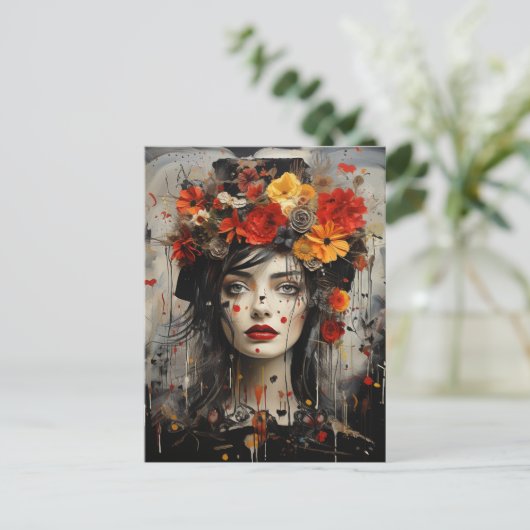 Lady mit Blume in ihrem Haar Grunge Gemälde Postkarte (Stehend Vorderseite)
