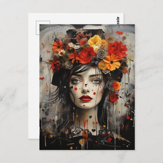Lady mit Blume in ihrem Haar Grunge Gemälde Postkarte (Vorne/Hinten)