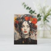 Lady mit Blume in ihrer Haar Grunge Beauty Postkarte (Stehend Vorderseite)