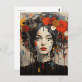 Lady mit Blume in ihrer Haar Grunge Beauty Postkarte (Vorne/Hinten)