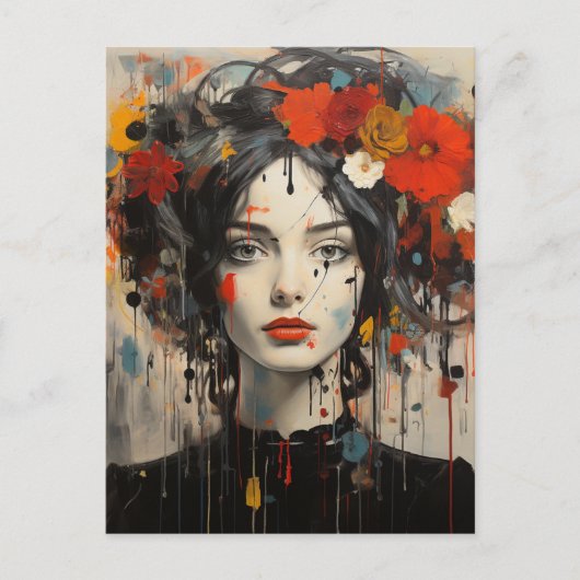 Lady mit Blume in ihrer Haar Grunge Beauty Postkarte (Vorderseite)