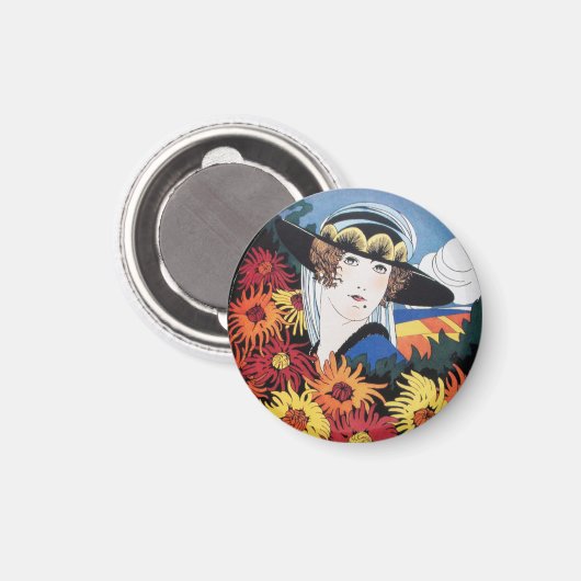 Lady mit Chrysanthemum-Blume Magnet (Vorderseite/Rückseite)