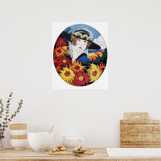 Lady mit Chrysanthemum-Blume Poster (Küche)
