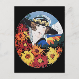 Lady mit Chrysanthemum-Blume Postkarte