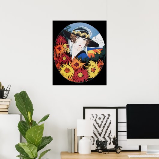 Lady mit Chrysanthemum-Blume, schwarz Poster (Heimbüro)