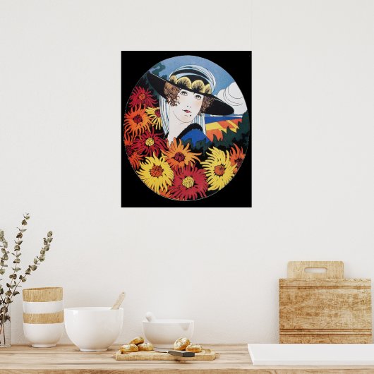 Lady mit Chrysanthemum-Blume, schwarz Poster (Küche)
