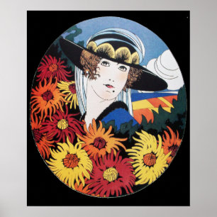 Lady mit Chrysanthemum-Blume, schwarz Poster
