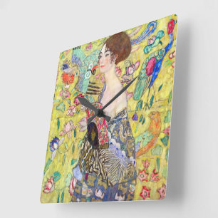 Lady mit Fan von Gustav Klimt, Vintager Japonismus Quadratische Wanduhr