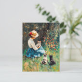 Lady mit Hut mit Kätzchen im Gras spielen Postkarte (Stehend Vorderseite)