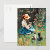 Lady mit Hut mit Kätzchen im Gras spielen Postkarte (Vorne/Hinten)