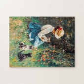 Lady mit Hut mit Kätzchen im Gras spielen Puzzle (Horizontal)