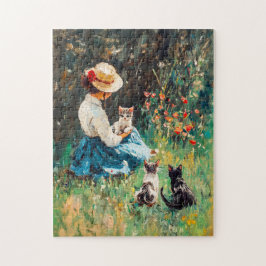 Lady mit Hut mit Kätzchen im Gras spielen Puzzle