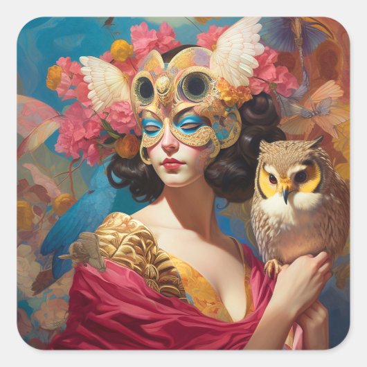 Lady mit Owl Fantasy Art Quadratischer Aufkleber (Vorderseite)