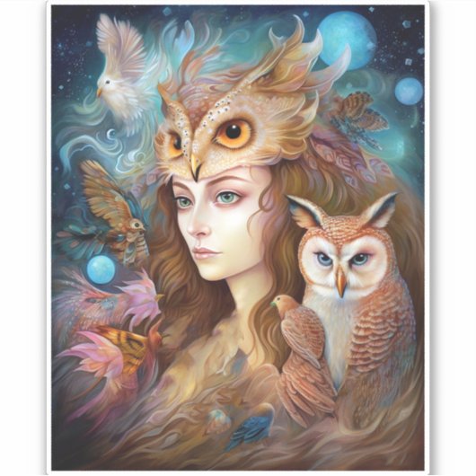 Lady mit Owl Surreal Fantasy Art Aufkleber (Vorderseite)