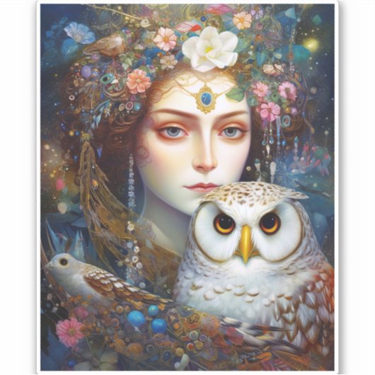 Lady mit Owl Surreal Fantasy Art Aufkleber (Vorderseite)