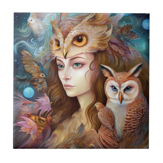 Lady mit Owl Surreal Fantasy Art Fliese (Vorderseite)