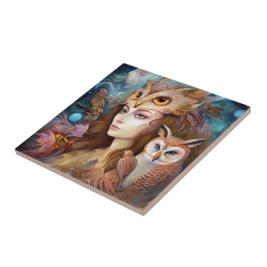 Lady mit Owl Surreal Fantasy Art Fliese (Seite)