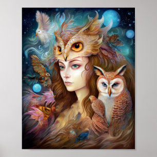 Lady mit Owl Surreal Fantasy Art Poster