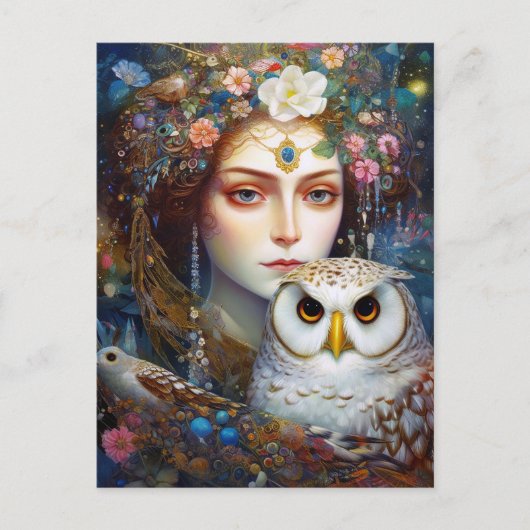 Lady mit Owl Surreal Fantasy Art Postkarte (Vorderseite)