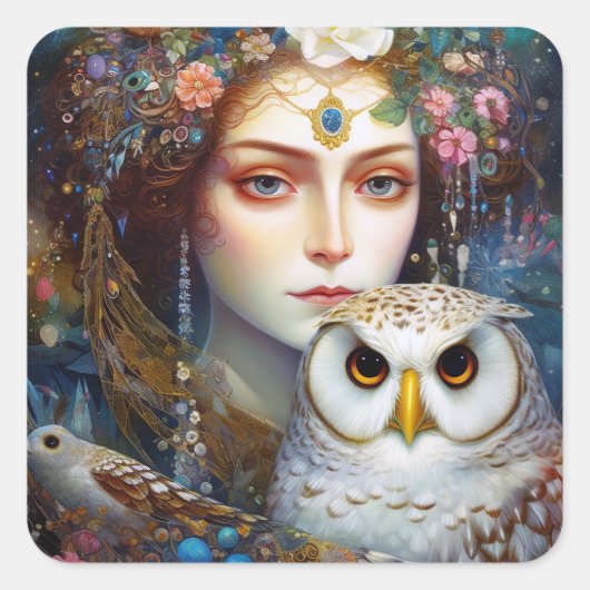 Lady mit Owl Surreal Fantasy Art Quadratischer Aufkleber (Vorderseite)