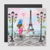 Lady mit Pink Balloon Magnetic Card I Liebe Paris Magnetkarte (Vorne/Hinten)