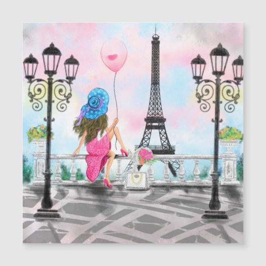 Lady mit Pink Balloon Magnetic Card I Liebe Paris Magnetkarte (Vorderseite)