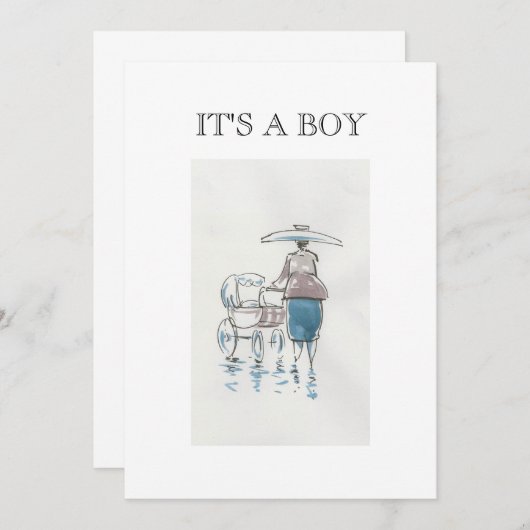 Lady mit Pram Es ist eine Jungs-Karte Ankündigung (Vorne/Hinten)